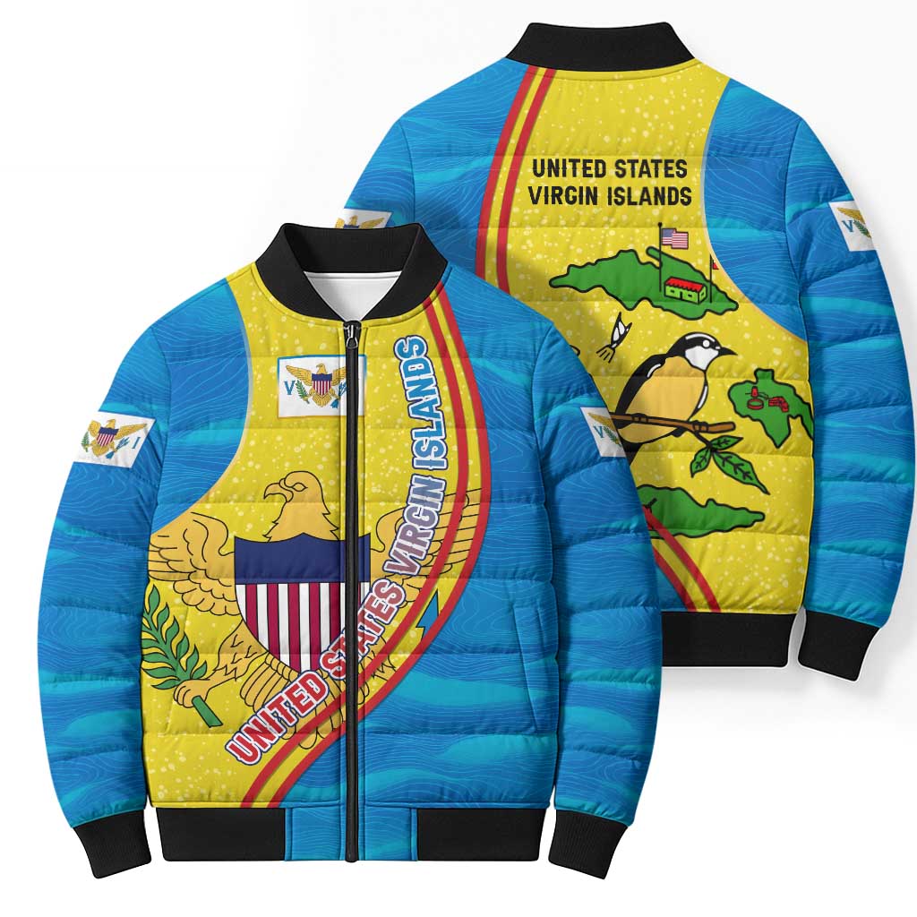 United States Virgin Islands Bomber Puffer Jacket with Blue Yellow Wave Design and Island Map Bird - Wonder Print Shop