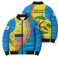 United States Virgin Islands Bomber Puffer Jacket with Blue Yellow Wave Design and Island Map Bird - Wonder Print Shop
