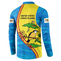 United States Virgin Islands Button Sweatshirt with Blue Yellow Wave Design and Island Map Bird - Wonder Print Shop