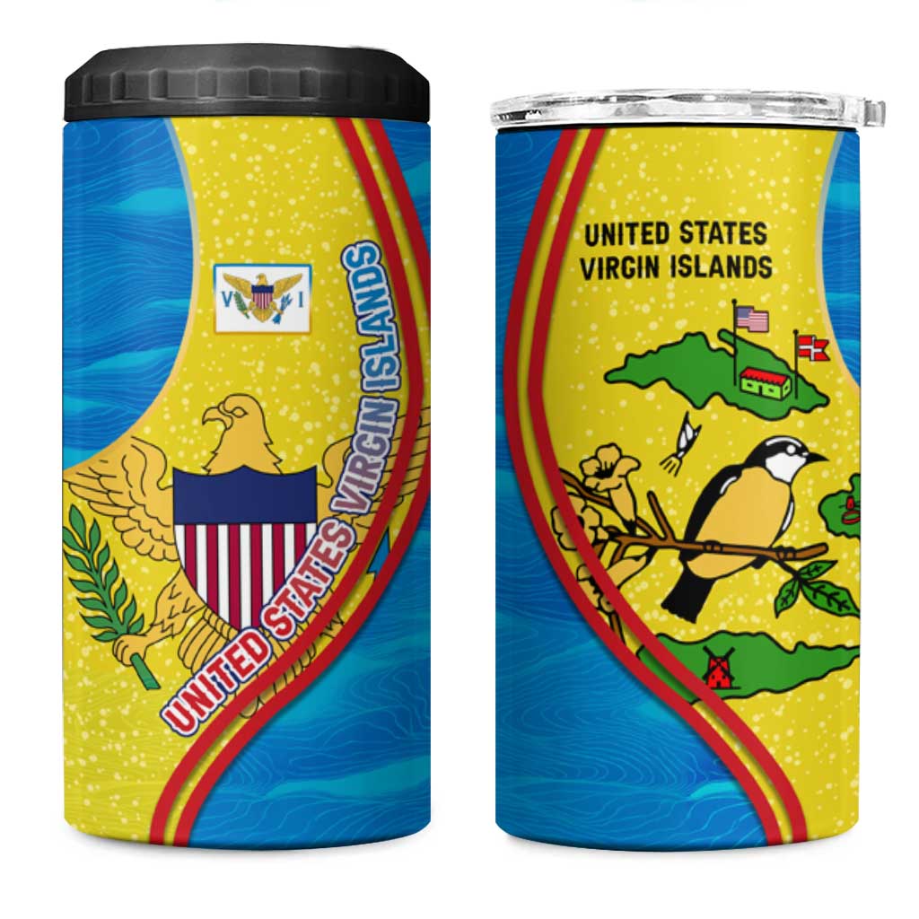 United States Virgin Islands 4 in 1 Can Cooler Tumbler with Blue Yellow Wave Design and Island Map Bird - Wonder Print Shop