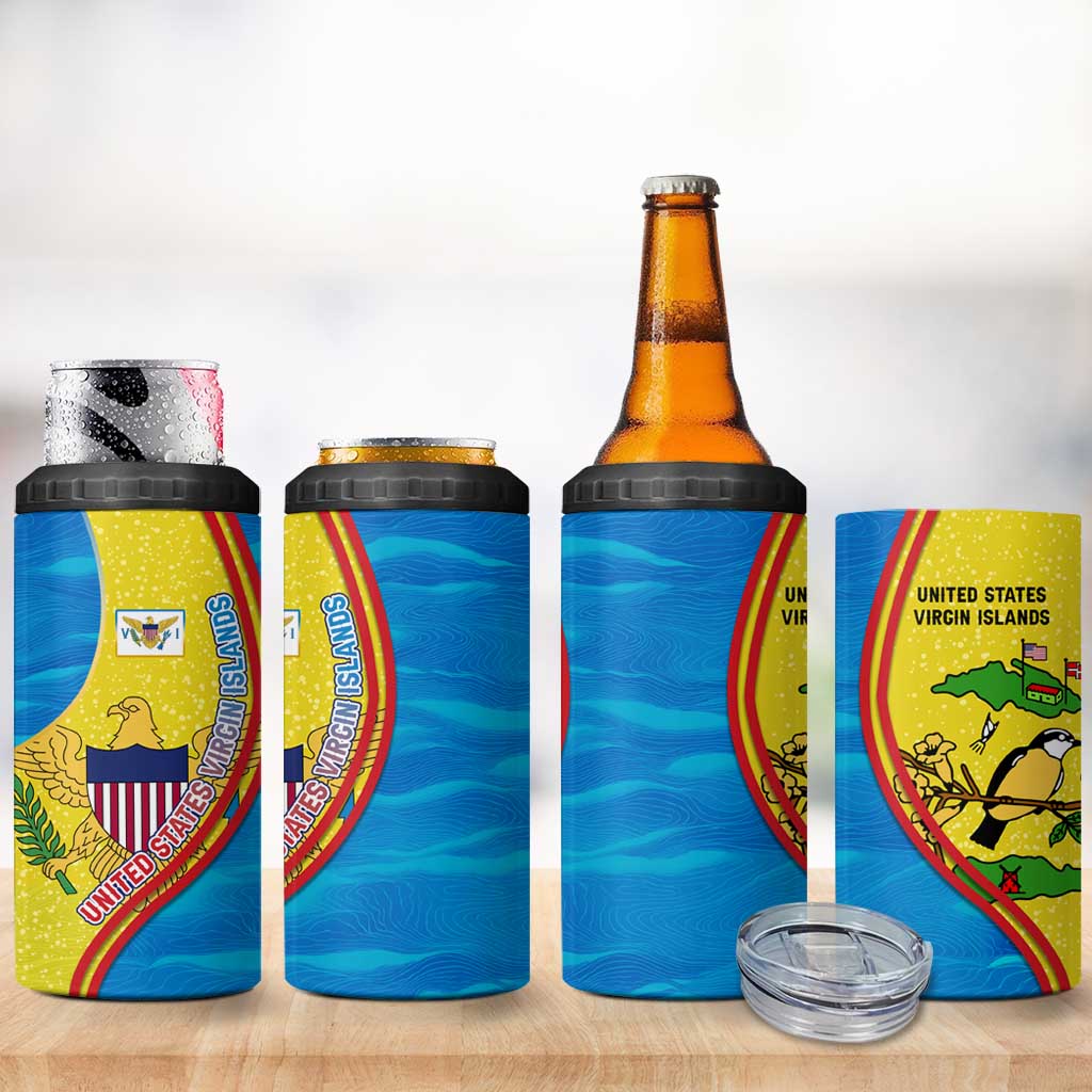 United States Virgin Islands 4 in 1 Can Cooler Tumbler with Blue Yellow Wave Design and Island Map Bird - Wonder Print Shop