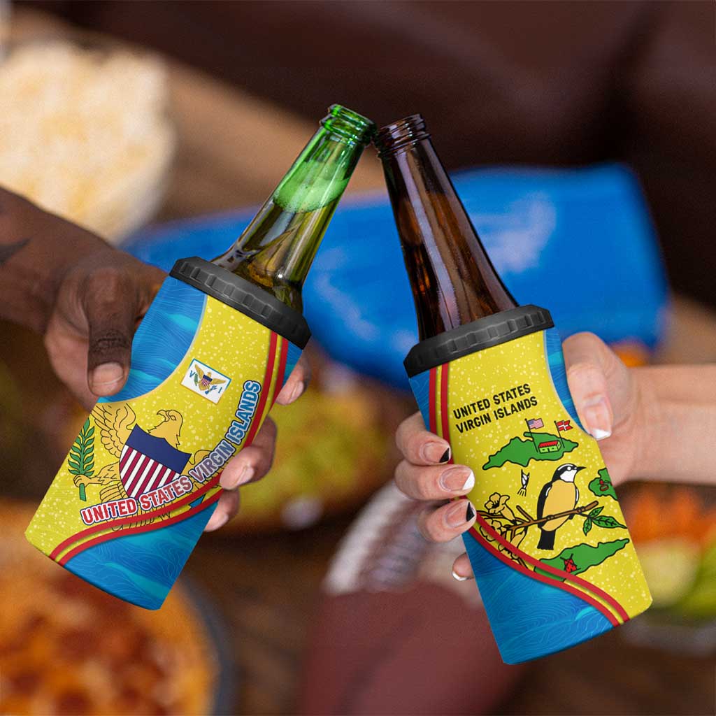 United States Virgin Islands 4 in 1 Can Cooler Tumbler with Blue Yellow Wave Design and Island Map Bird - Wonder Print Shop
