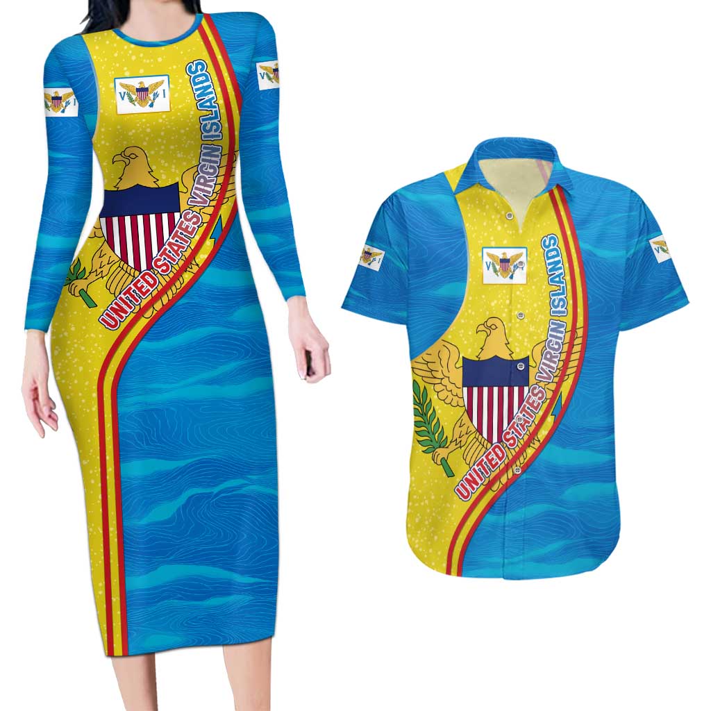 United States Virgin Islands Couples Matching Long Sleeve Bodycon Dress and Hawaiian Shirt with Blue Yellow Wave Design and Island Map Bird - Wonder Print Shop