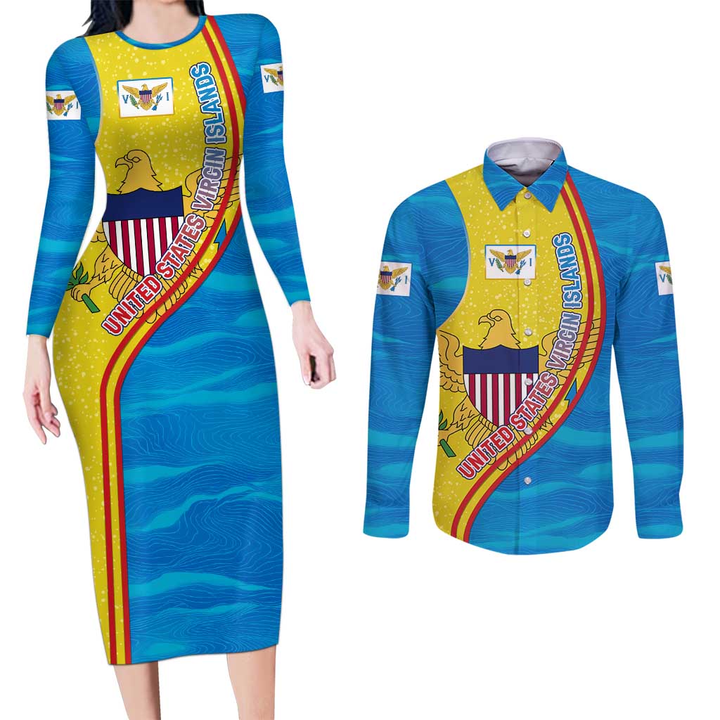 United States Virgin Islands Couples Matching Long Sleeve Bodycon Dress and Long Sleeve Button Shirt with Blue Yellow Wave Design and Island Map Bird - Wonder Print Shop