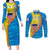 United States Virgin Islands Couples Matching Long Sleeve Bodycon Dress and Long Sleeve Button Shirt with Blue Yellow Wave Design and Island Map Bird - Wonder Print Shop