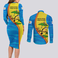 United States Virgin Islands Couples Matching Long Sleeve Bodycon Dress and Long Sleeve Button Shirt with Blue Yellow Wave Design and Island Map Bird - Wonder Print Shop