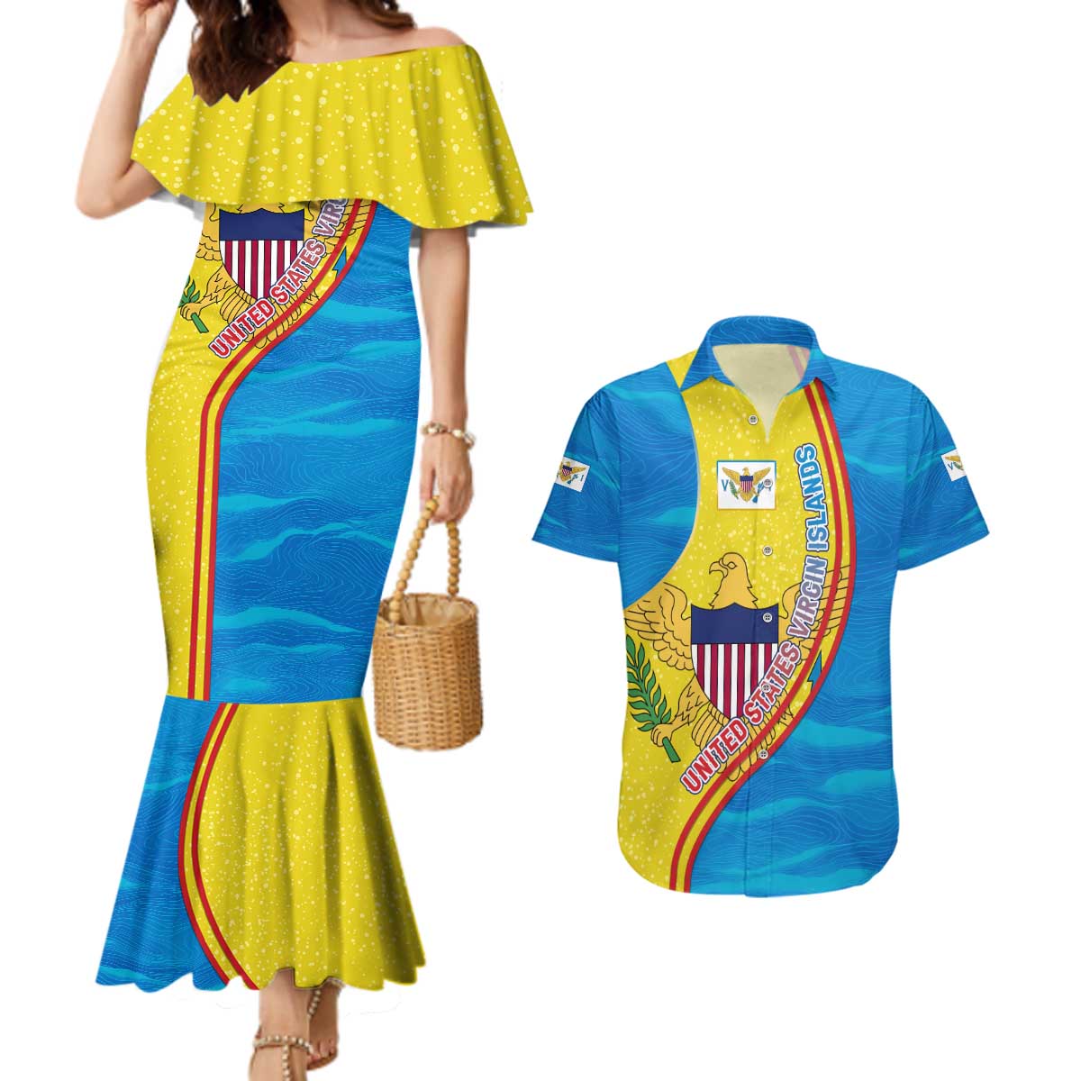 United States Virgin Islands Couples Matching Mermaid Dress and Hawaiian Shirt with Blue Yellow Wave Design and Island Map Bird - Wonder Print Shop