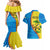 United States Virgin Islands Couples Matching Mermaid Dress and Hawaiian Shirt with Blue Yellow Wave Design and Island Map Bird - Wonder Print Shop