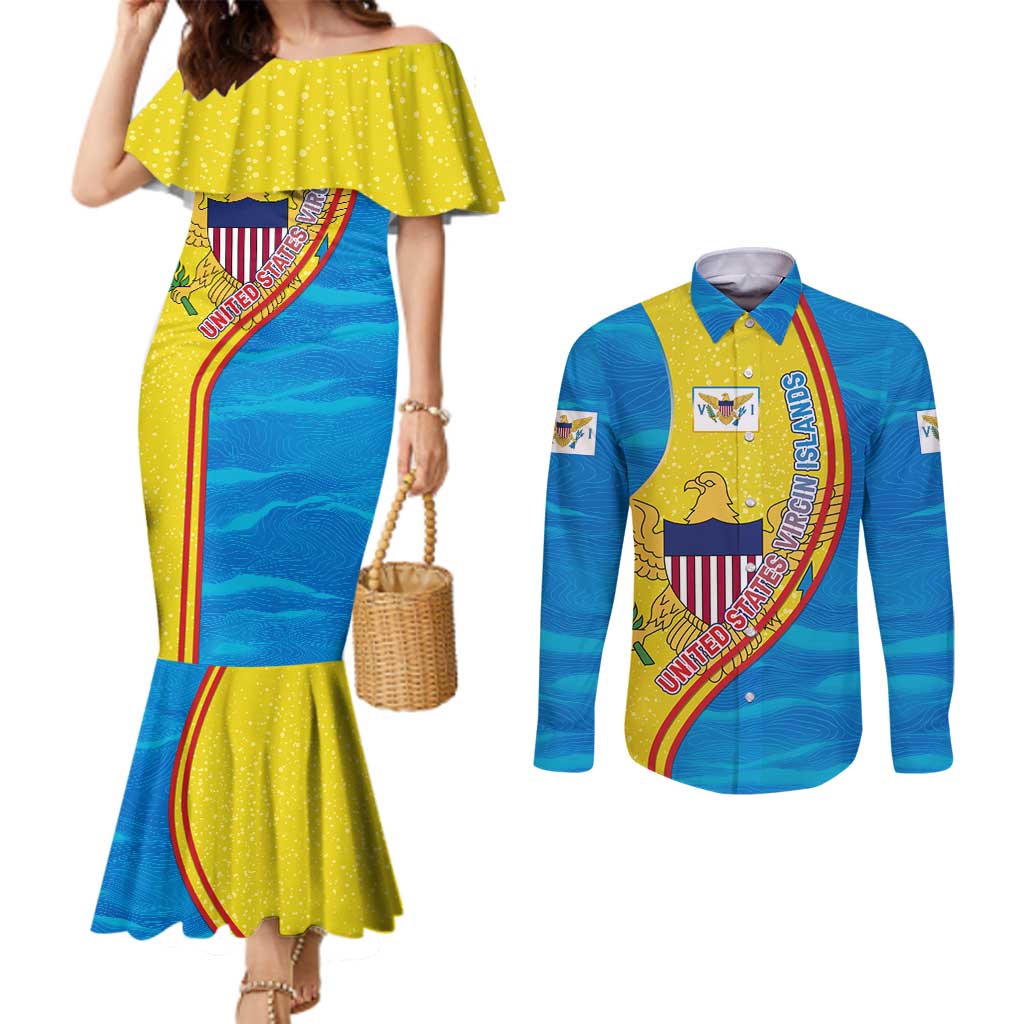 United States Virgin Islands Couples Matching Mermaid Dress and Long Sleeve Button Shirt with Blue Yellow Wave Design and Island Map Bird - Wonder Print Shop