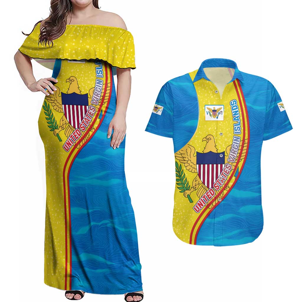 United States Virgin Islands Couples Matching Off Shoulder Maxi Dress and Hawaiian Shirt with Blue Yellow Wave Design and Island Map Bird - Wonder Print Shop