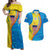 United States Virgin Islands Couples Matching Off Shoulder Maxi Dress and Hawaiian Shirt with Blue Yellow Wave Design and Island Map Bird - Wonder Print Shop
