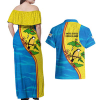 United States Virgin Islands Couples Matching Off Shoulder Maxi Dress and Hawaiian Shirt with Blue Yellow Wave Design and Island Map Bird - Wonder Print Shop