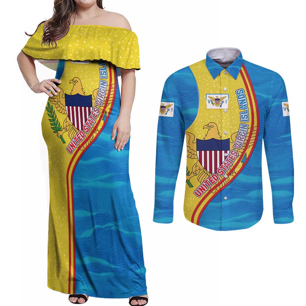 United States Virgin Islands Couples Matching Off Shoulder Maxi Dress and Long Sleeve Button Shirt with Blue Yellow Wave Design and Island Map Bird - Wonder Print Shop