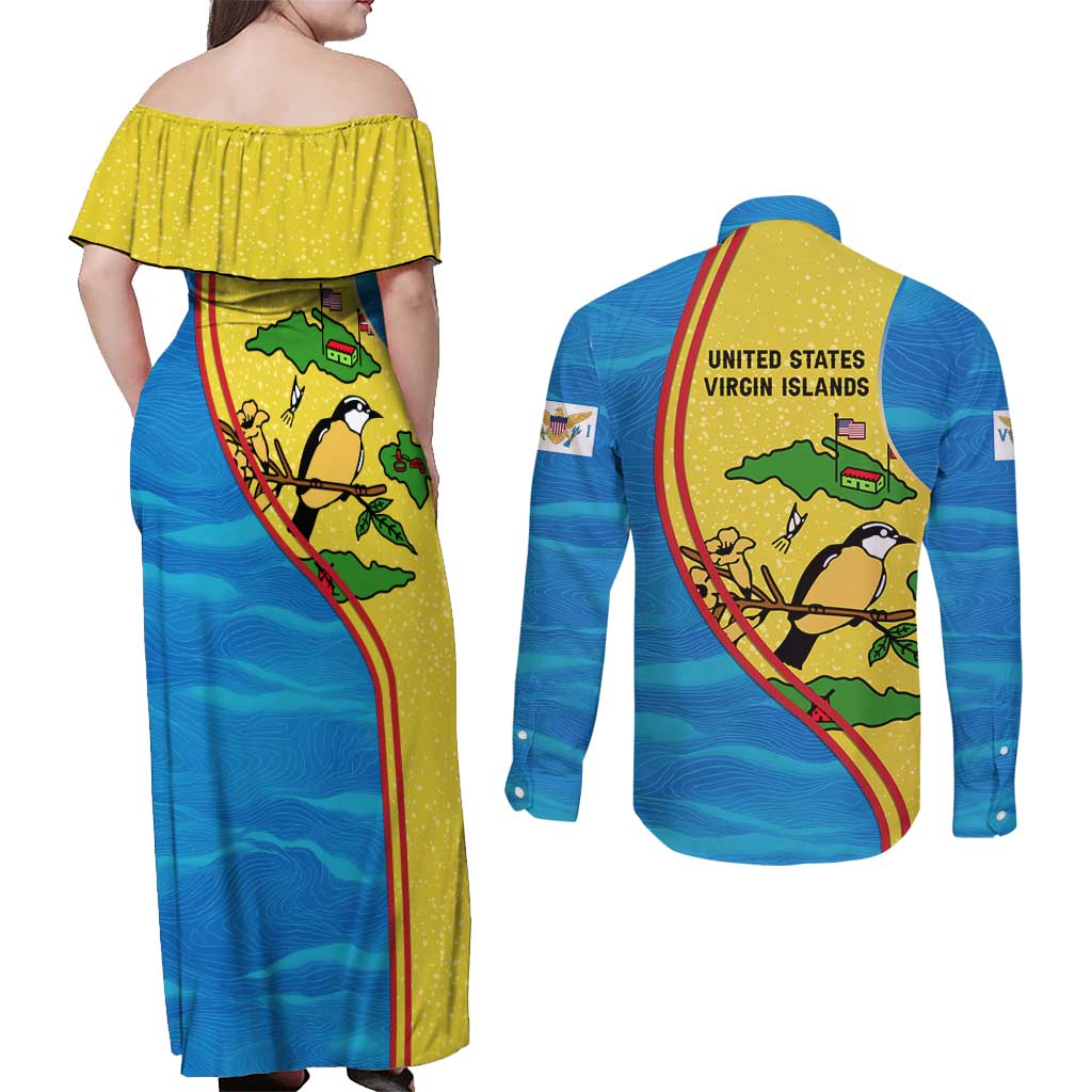 United States Virgin Islands Couples Matching Off Shoulder Maxi Dress and Long Sleeve Button Shirt with Blue Yellow Wave Design and Island Map Bird - Wonder Print Shop