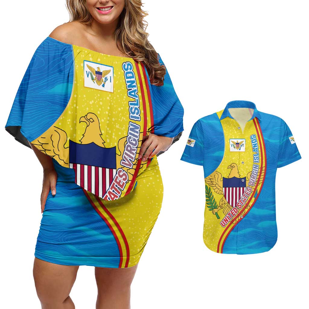 United States Virgin Islands Couples Matching Off Shoulder Short Dress and Hawaiian Shirt with Blue Yellow Wave Design and Island Map Bird - Wonder Print Shop
