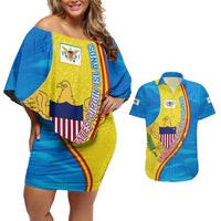 United States Virgin Islands Couples Matching Off Shoulder Short Dress and Hawaiian Shirt with Blue Yellow Wave Design and Island Map Bird - Wonder Print Shop