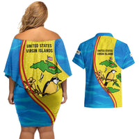 United States Virgin Islands Couples Matching Off Shoulder Short Dress and Hawaiian Shirt with Blue Yellow Wave Design and Island Map Bird - Wonder Print Shop