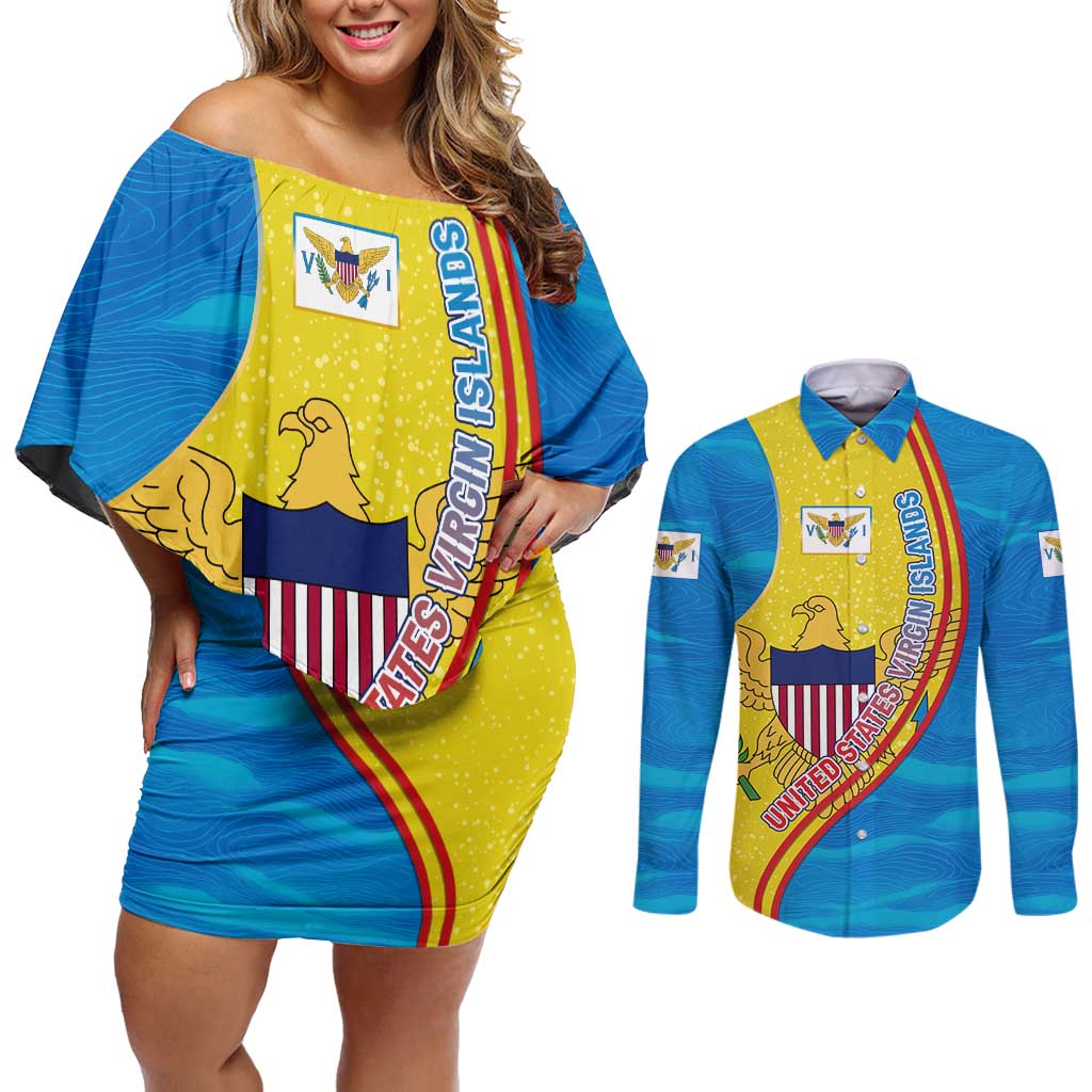 United States Virgin Islands Couples Matching Off Shoulder Short Dress and Long Sleeve Button Shirt with Blue Yellow Wave Design and Island Map Bird - Wonder Print Shop