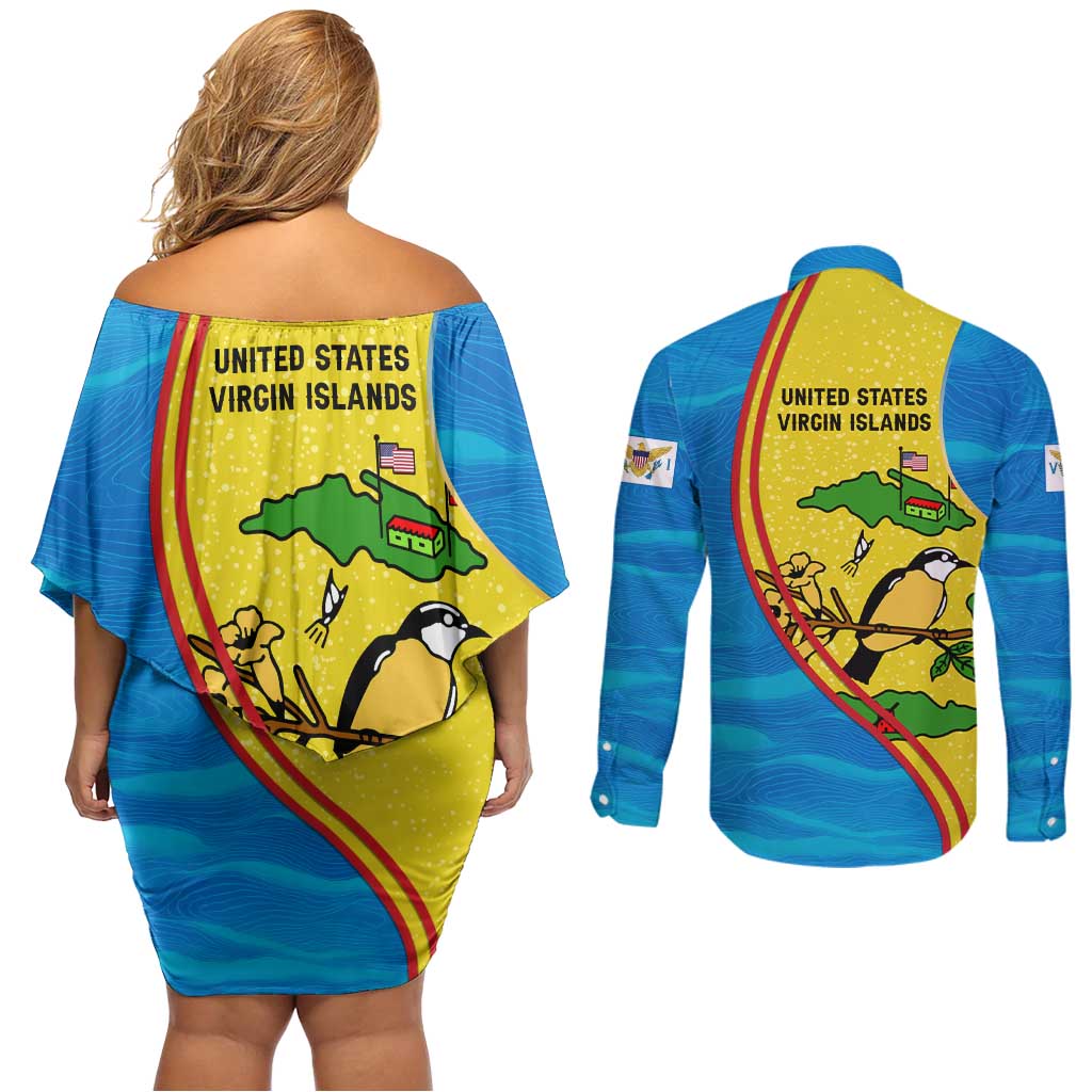 United States Virgin Islands Couples Matching Off Shoulder Short Dress and Long Sleeve Button Shirt with Blue Yellow Wave Design and Island Map Bird - Wonder Print Shop