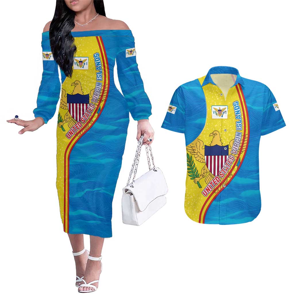 United States Virgin Islands Couples Matching Off The Shoulder Long Sleeve Dress and Hawaiian Shirt with Blue Yellow Wave Design and Island Map Bird - Wonder Print Shop
