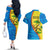United States Virgin Islands Couples Matching Off The Shoulder Long Sleeve Dress and Hawaiian Shirt with Blue Yellow Wave Design and Island Map Bird - Wonder Print Shop