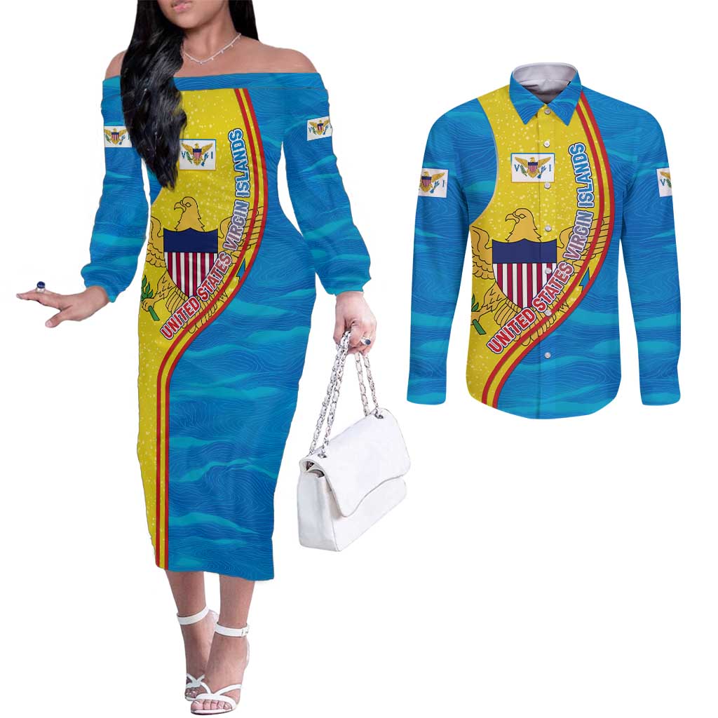 United States Virgin Islands Couples Matching Off The Shoulder Long Sleeve Dress and Long Sleeve Button Shirt with Blue Yellow Wave Design and Island Map Bird - Wonder Print Shop