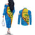 United States Virgin Islands Couples Matching Off The Shoulder Long Sleeve Dress and Long Sleeve Button Shirt with Blue Yellow Wave Design and Island Map Bird - Wonder Print Shop