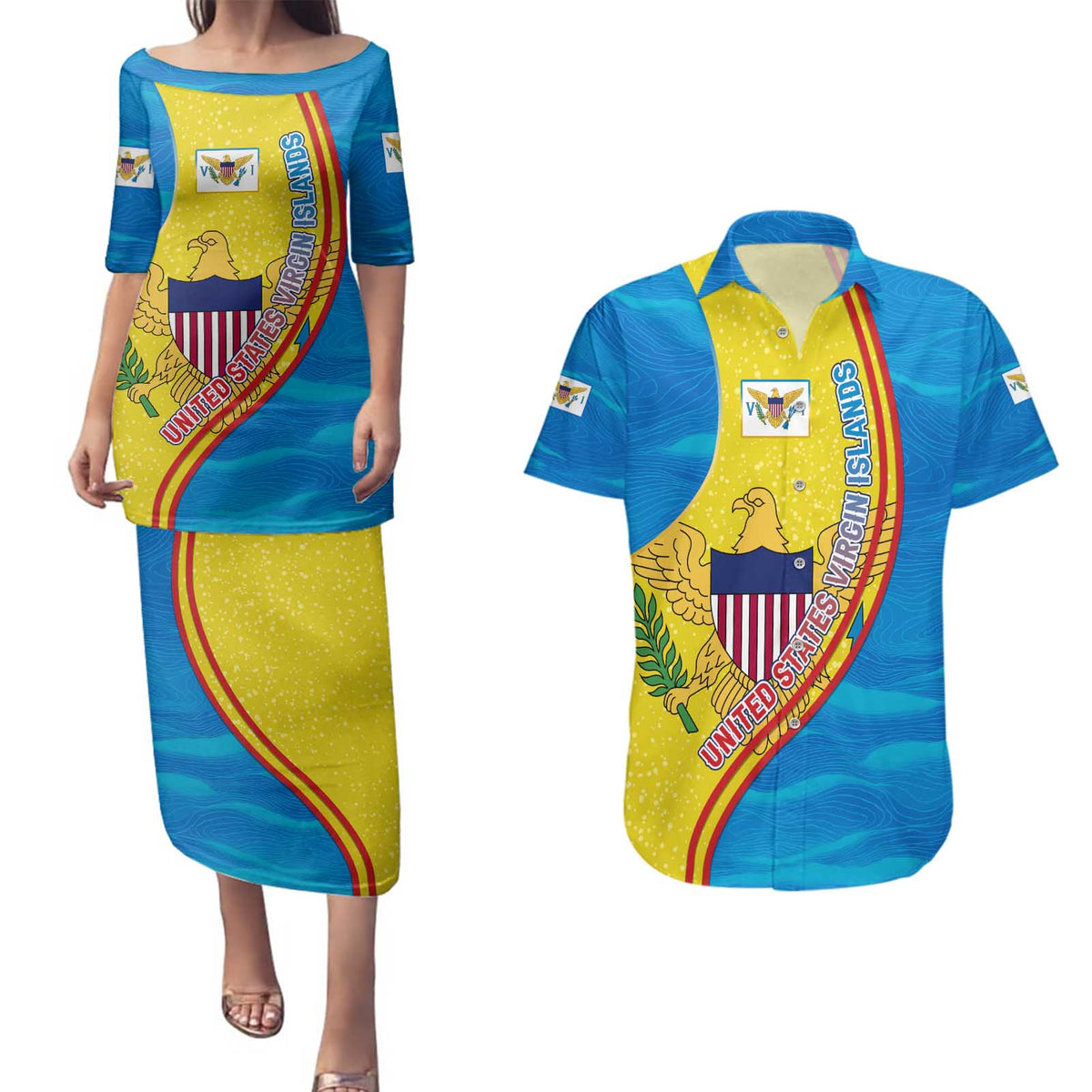 United States Virgin Islands Couples Matching Puletasi and Hawaiian Shirt with Blue Yellow Wave Design and Island Map Bird - Wonder Print Shop
