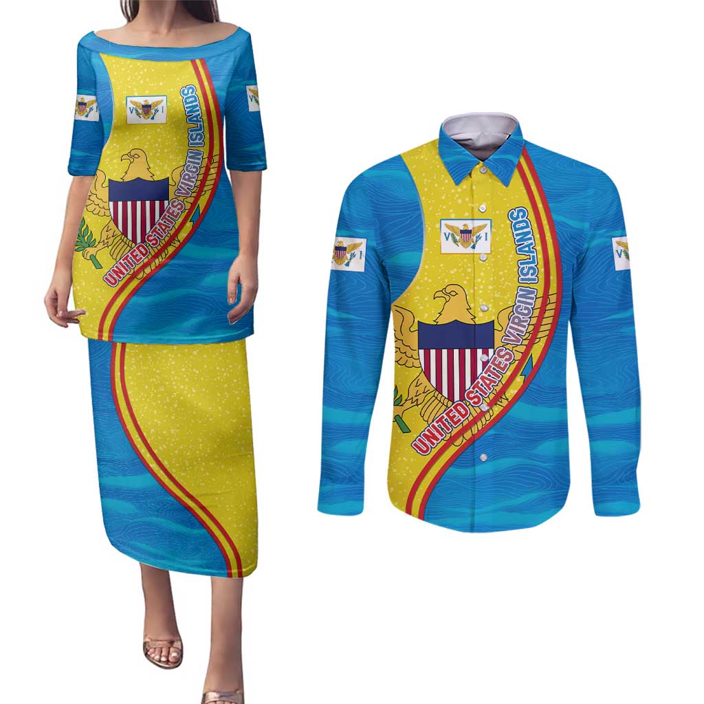 United States Virgin Islands Couples Matching Puletasi and Long Sleeve Button Shirt with Blue Yellow Wave Design and Island Map Bird - Wonder Print Shop
