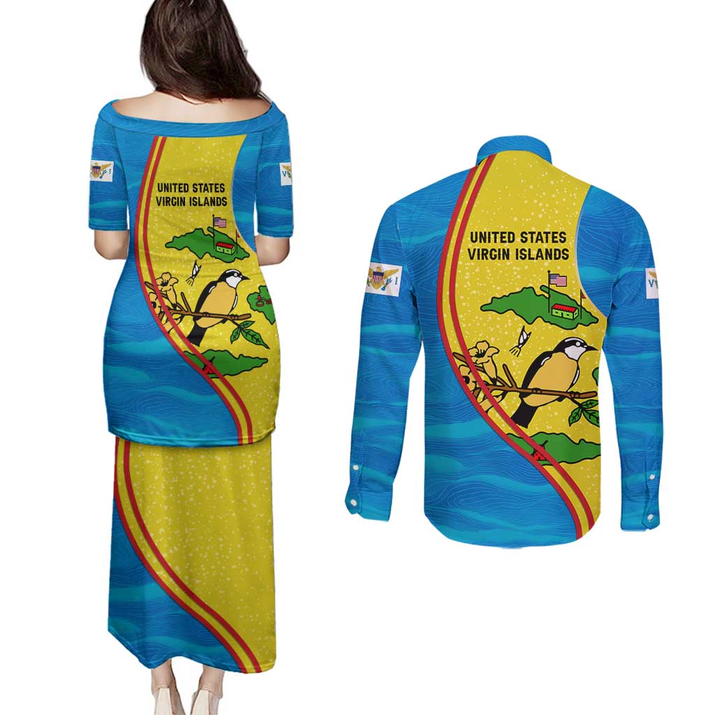 United States Virgin Islands Couples Matching Puletasi and Long Sleeve Button Shirt with Blue Yellow Wave Design and Island Map Bird - Wonder Print Shop