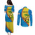 United States Virgin Islands Couples Matching Puletasi and Long Sleeve Button Shirt with Blue Yellow Wave Design and Island Map Bird - Wonder Print Shop