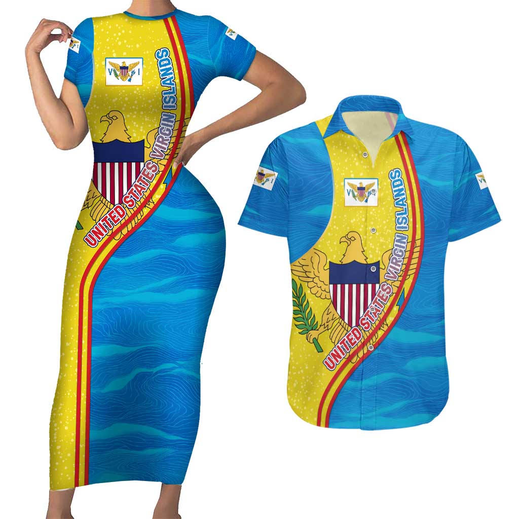 United States Virgin Islands Couples Matching Short Sleeve Bodycon Dress and Hawaiian Shirt with Blue Yellow Wave Design and Island Map Bird - Wonder Print Shop
