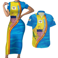 United States Virgin Islands Couples Matching Short Sleeve Bodycon Dress and Hawaiian Shirt with Blue Yellow Wave Design and Island Map Bird - Wonder Print Shop