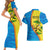 United States Virgin Islands Couples Matching Short Sleeve Bodycon Dress and Hawaiian Shirt with Blue Yellow Wave Design and Island Map Bird - Wonder Print Shop