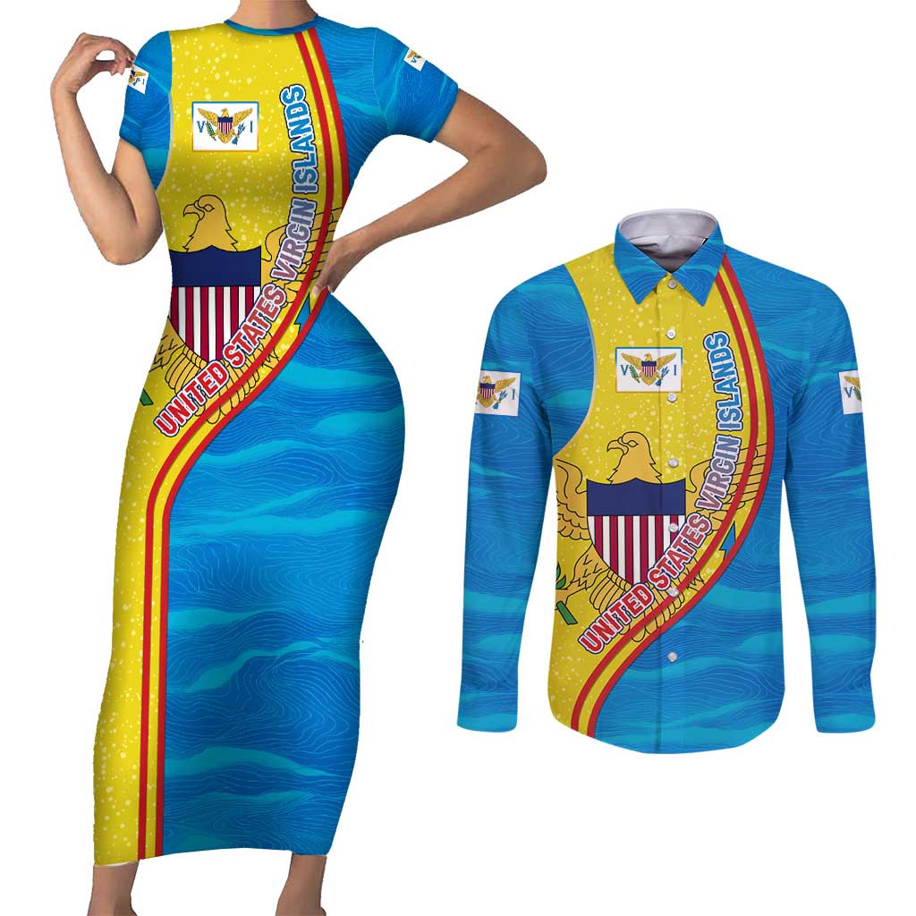United States Virgin Islands Couples Matching Short Sleeve Bodycon Dress and Long Sleeve Button Shirt with Blue Yellow Wave Design and Island Map Bird - Wonder Print Shop