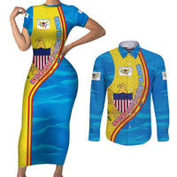 United States Virgin Islands Couples Matching Short Sleeve Bodycon Dress and Long Sleeve Button Shirt with Blue Yellow Wave Design and Island Map Bird - Wonder Print Shop