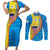 United States Virgin Islands Couples Matching Short Sleeve Bodycon Dress and Long Sleeve Button Shirt with Blue Yellow Wave Design and Island Map Bird - Wonder Print Shop