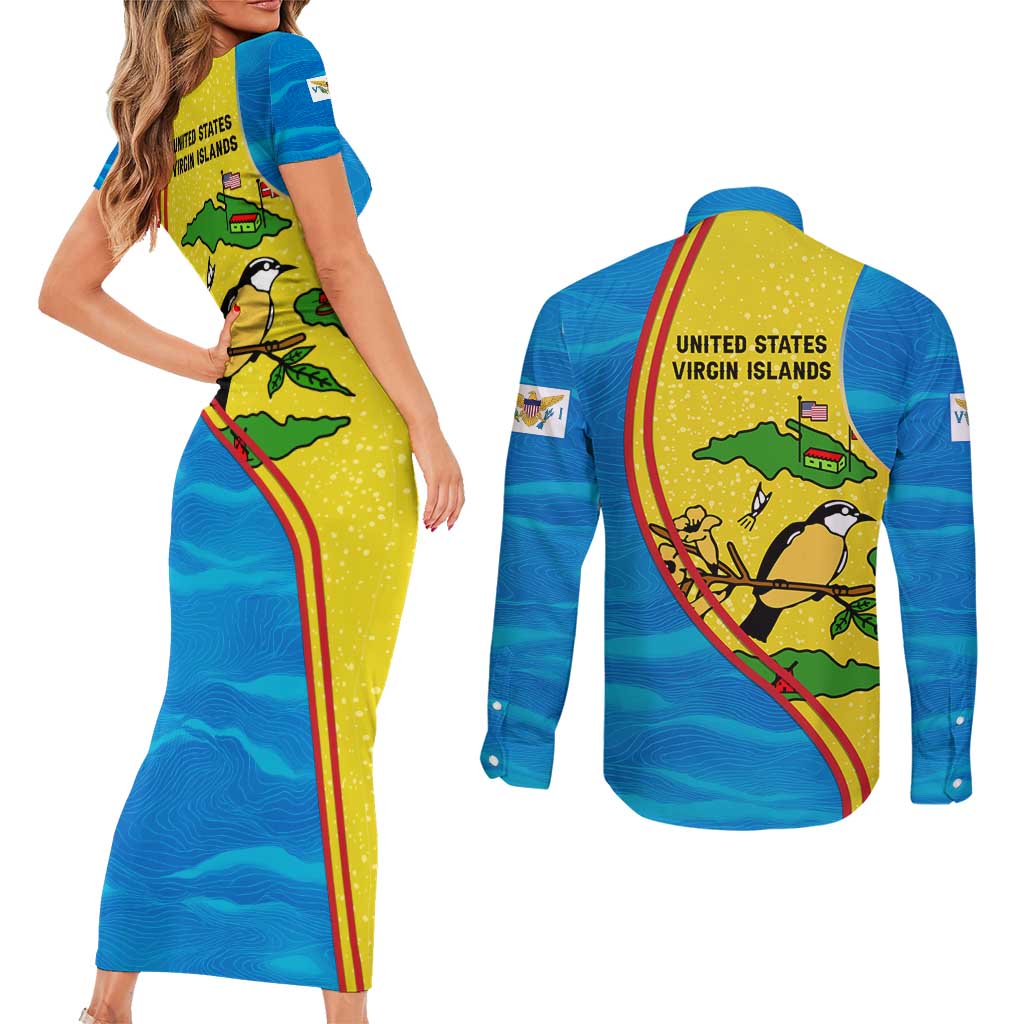 United States Virgin Islands Couples Matching Short Sleeve Bodycon Dress and Long Sleeve Button Shirt with Blue Yellow Wave Design and Island Map Bird - Wonder Print Shop