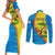 United States Virgin Islands Couples Matching Short Sleeve Bodycon Dress and Long Sleeve Button Shirt with Blue Yellow Wave Design and Island Map Bird - Wonder Print Shop