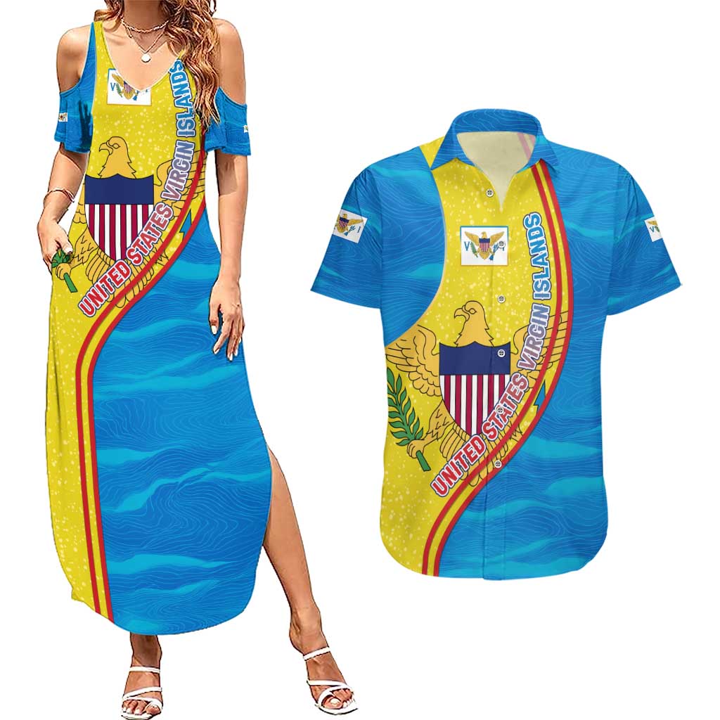 United States Virgin Islands Couples Matching Summer Maxi Dress and Hawaiian Shirt with Blue Yellow Wave Design and Island Map Bird - Wonder Print Shop