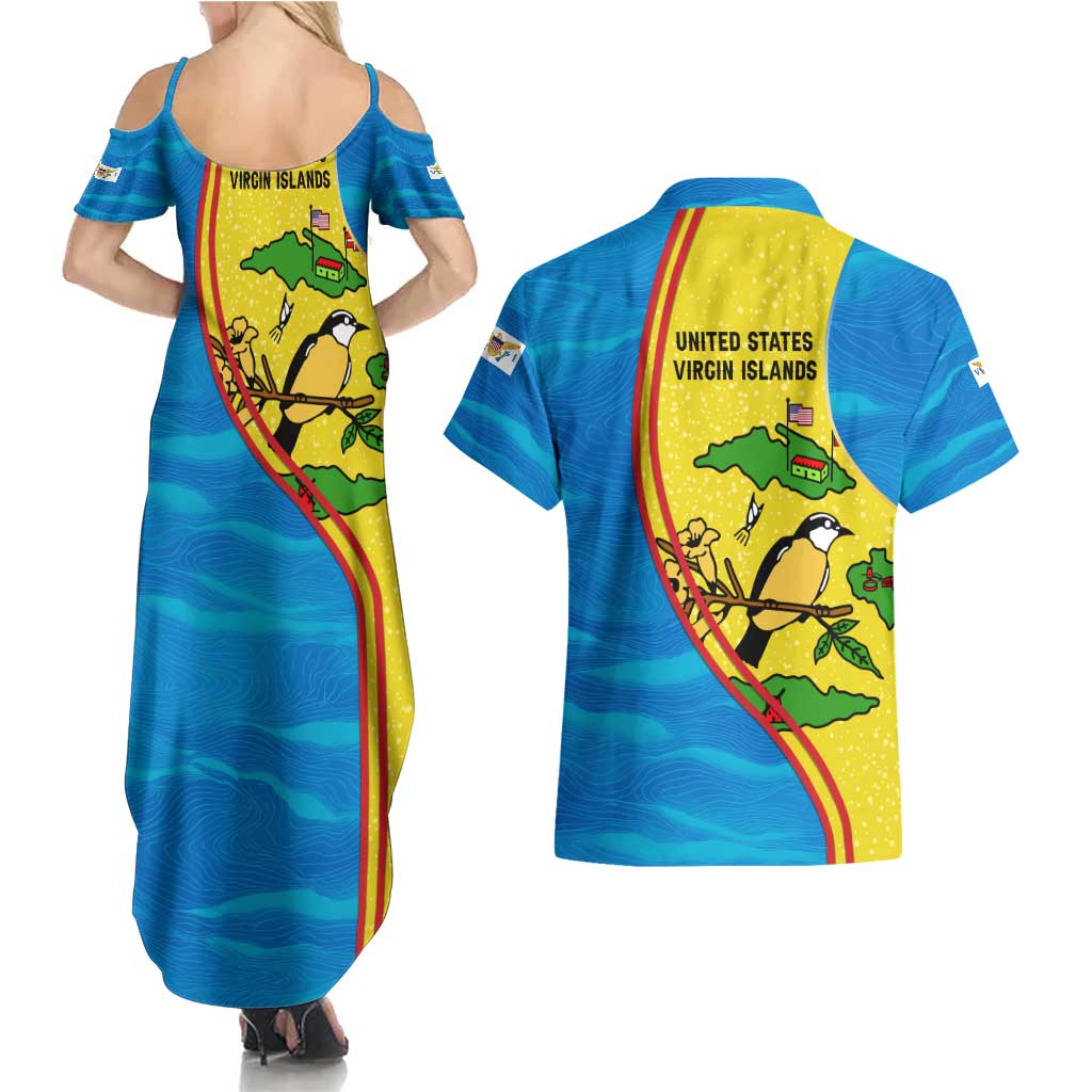 United States Virgin Islands Couples Matching Summer Maxi Dress and Hawaiian Shirt with Blue Yellow Wave Design and Island Map Bird - Wonder Print Shop