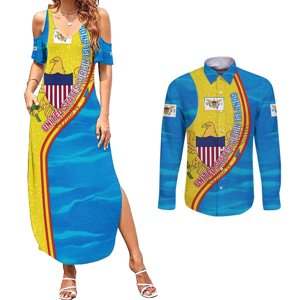 United States Virgin Islands Couples Matching Summer Maxi Dress and Long Sleeve Button Shirt with Blue Yellow Wave Design and Island Map Bird - Wonder Print Shop