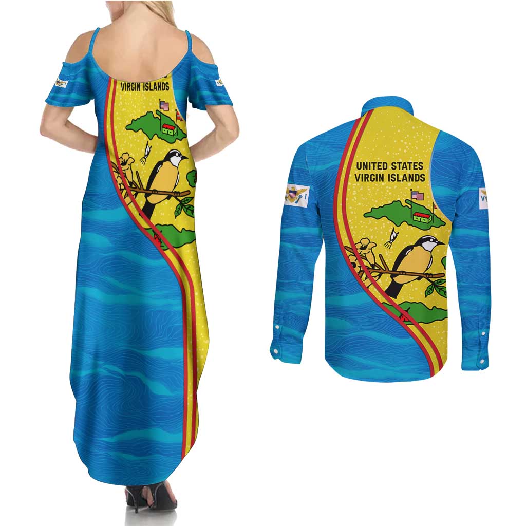 United States Virgin Islands Couples Matching Summer Maxi Dress and Long Sleeve Button Shirt with Blue Yellow Wave Design and Island Map Bird - Wonder Print Shop