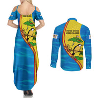 United States Virgin Islands Couples Matching Summer Maxi Dress and Long Sleeve Button Shirt with Blue Yellow Wave Design and Island Map Bird - Wonder Print Shop