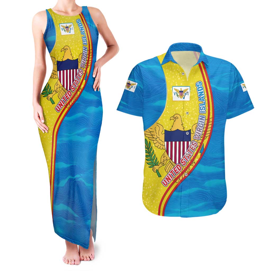 United States Virgin Islands Couples Matching Tank Maxi Dress and Hawaiian Shirt with Blue Yellow Wave Design and Island Map Bird - Wonder Print Shop