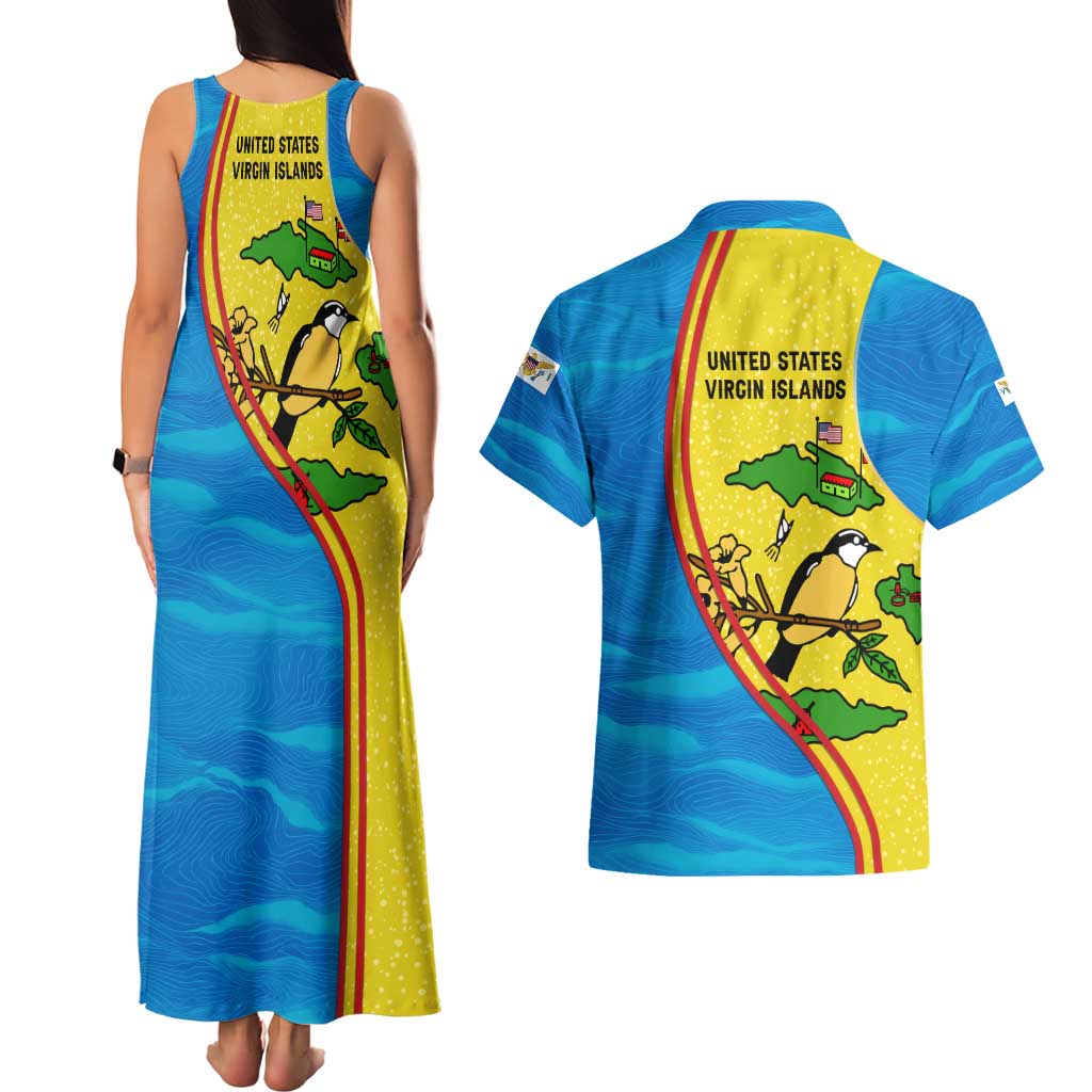 United States Virgin Islands Couples Matching Tank Maxi Dress and Hawaiian Shirt with Blue Yellow Wave Design and Island Map Bird - Wonder Print Shop
