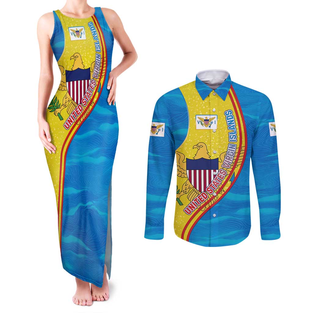 United States Virgin Islands Couples Matching Tank Maxi Dress and Long Sleeve Button Shirt with Blue Yellow Wave Design and Island Map Bird - Wonder Print Shop