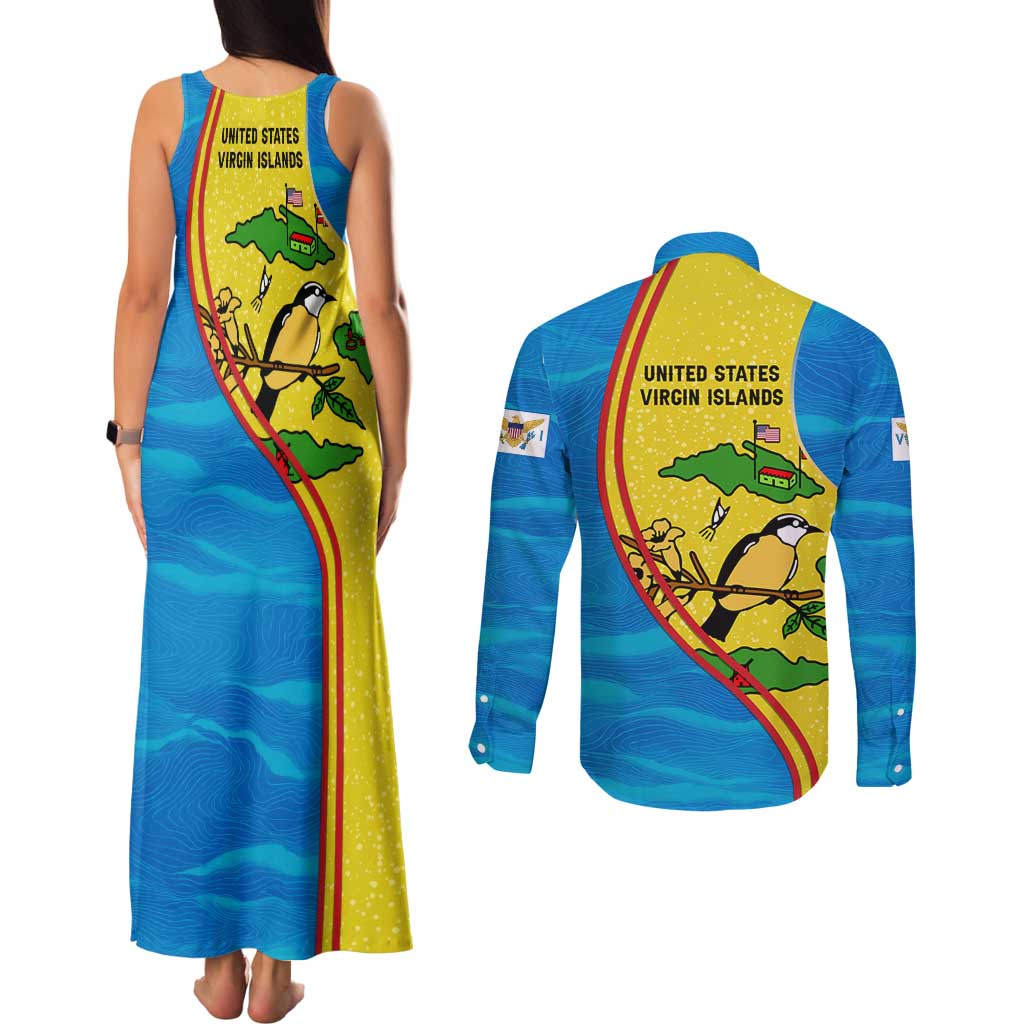 United States Virgin Islands Couples Matching Tank Maxi Dress and Long Sleeve Button Shirt with Blue Yellow Wave Design and Island Map Bird - Wonder Print Shop