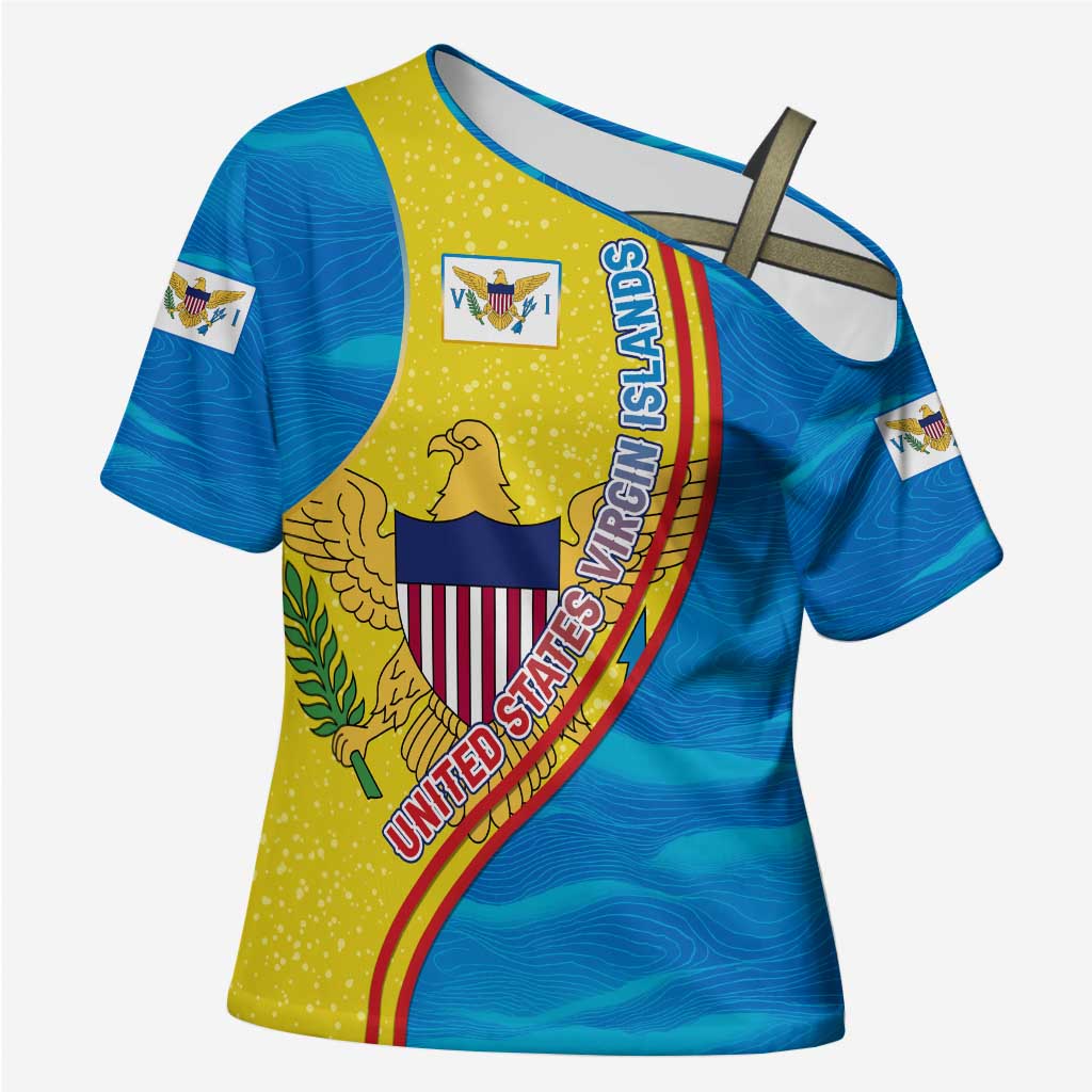 United States Virgin Islands Cross Shoulder Shirt with Blue Yellow Wave Design and Island Map Bird - Wonder Print Shop