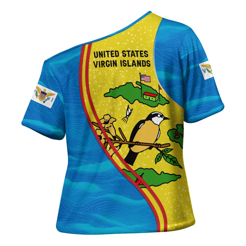 United States Virgin Islands Cross Shoulder Shirt with Blue Yellow Wave Design and Island Map Bird - Wonder Print Shop